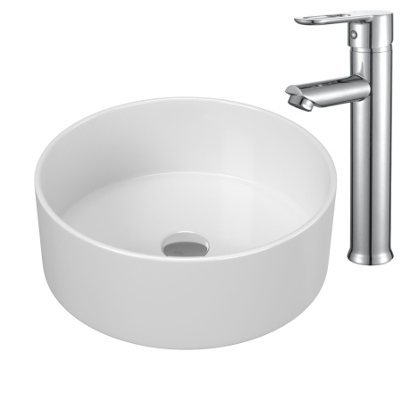 Раковина накладная со смесителем (BAU Dream круглая D41, белая + смеситель для раковины высокий Diadonna Dream, латунь, хром)