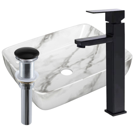 Раковина накладная со смесителем и выпуском (прямоугольная BAU Hotel 48х37, мрамор + смеситель Hotel Black, черный, выпуск клик-клак черный)
