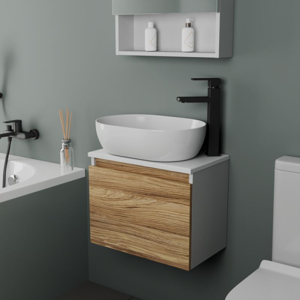 Комплект для ванной, 3 предмета (Тумба подвесная Bau Blackwood 50 + Раковина BAU 48х34, Смеситель высокий Hotel Black, черный)