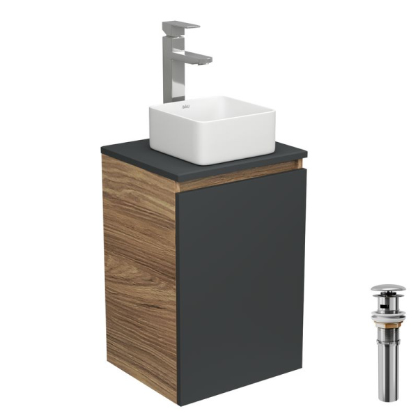 Комплект для ванной, 4 предмета (тумба Bau 40, графит + раковина BAU Hotel mini 24х24 + смеситель Hotel Still, выпуск клик-клак, хром)