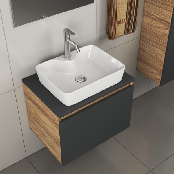 Комплект для ванной, 4 предмета (тумба Bau 60, графит + раковина BAU 48х37, с отв. под смеситель + смеситель Dream, выпуск клик-клак, хром)