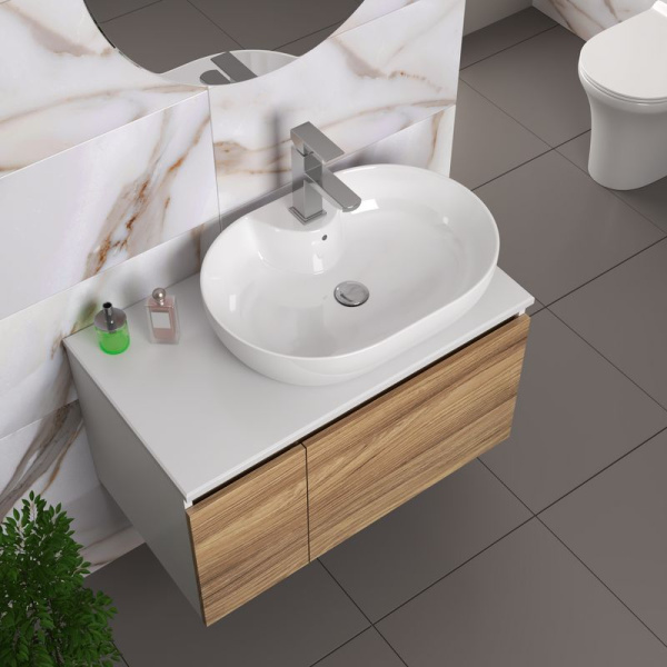 Комплект для ванной, 4 предмета (Тумба подвесная Bau Blackwood 80 + Раковина BAU 60х42, с отв. под см-ль, Смеситель Hotel Still, нерж. сталь, выпуск)