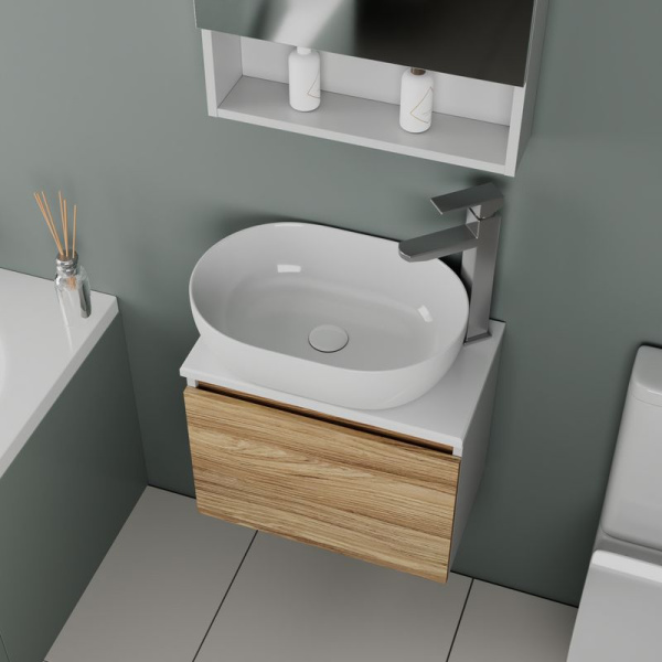 Комплект для ванной, 4 предмета (Тумба подвесная Bau Blackwood 50 + Раковина BAU 48х34 + Смеситель высокий Hotel Still, нерж. сталь, выпуск белый)