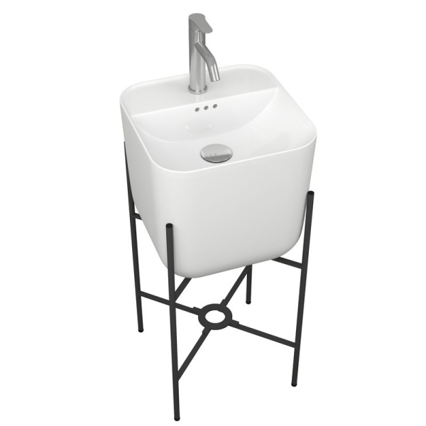 Раковина напольная с металлическими ножками и выпуском (BAU Soul белая + смеситель Dream, нерж. сталь, выпуск клик-клак хром)