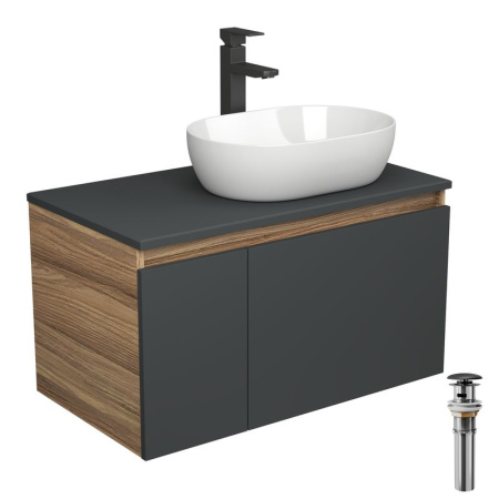 Комплект для ванной, 4 предмета (Тумба подвесная Bau Blackwood 80 графит + Раковина BAU 48х34 + Смеситель высокий Hotel Black, черный, выпуск черный)