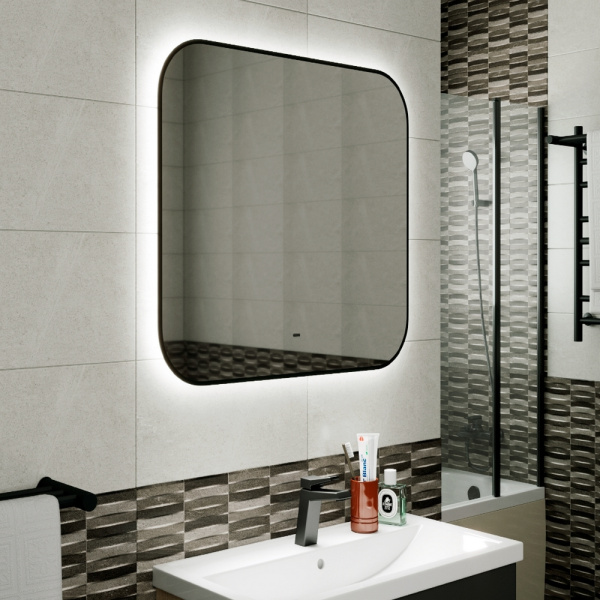 Зеркало Bau Black Rand 70х80, с LED фоновой подсветкой, бесконтактным сенсором, черной окантовкой