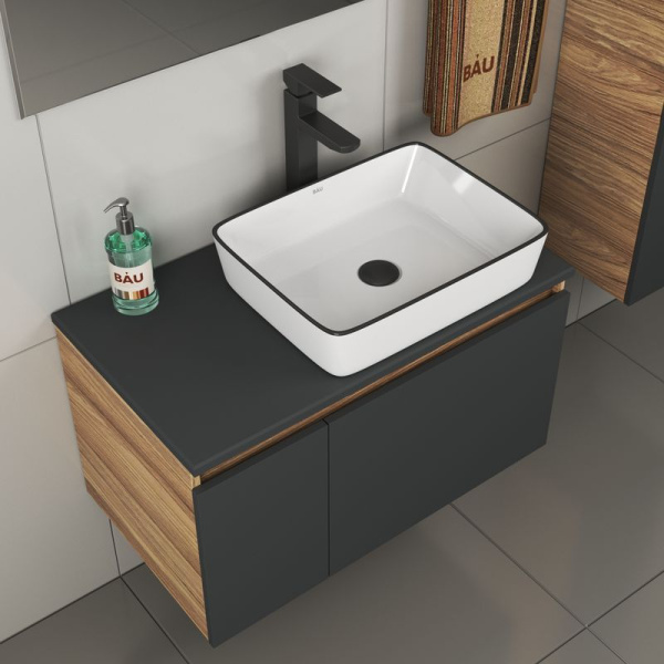 Комплект для ванной, 4 предмета (тумба Bau 80, графит + раковина BAU Hotel Black Rand 48х37 + смеситель Hotel Black, выпуск клик-клак, черный)