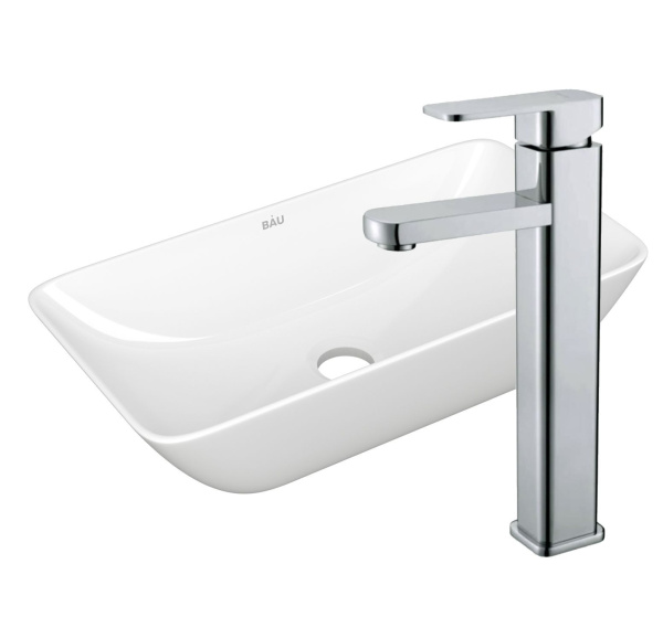 Раковина накладная со смесителем (чаша прямоугольная BAU Spectrum mini 47х24, белая + смеситель Hotel Still, нержавеющая сталь)