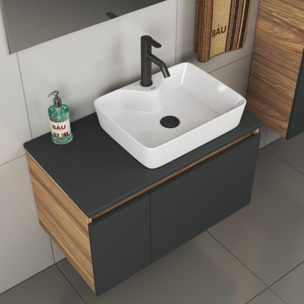 Комплект для ванной, 4 предмета (тумба Bau 80, графит + раковина BAU 48х37, с отв. под смеситель + смеситель Dream Black, выпуск клик-клак, черный)