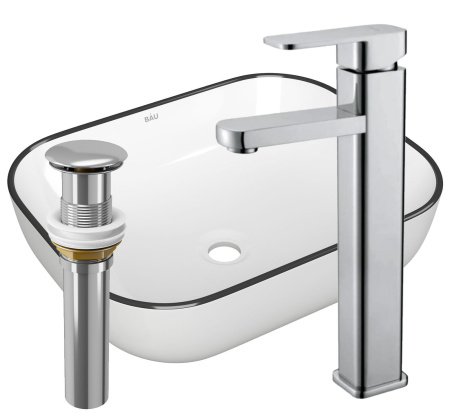 Раковина накладная со смесителем и выпуском (прямоугольная BAU Stil 50х40, белая + смеситель Hotel Still, нер. сталь, выпуск клик-клак хром)