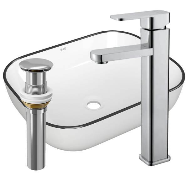 Раковина накладная со смесителем и выпуском (прямоугольная BAU Stil 50х40, белая + смеситель Hotel Still, нер. сталь, выпуск клик-клак хром)