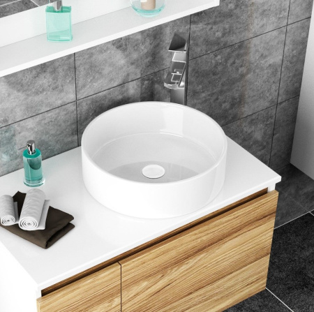 Раковина накладная со смесителем и выпуском (Умывальник BAU Dream круглый D41, белый + смеситель для раковины высокий Hotel Still, выпуск клик клак, белый)