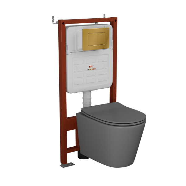 Комплект BAU 6 в 1: усиленная инсталляция BAU IDEAL, унитаз подвесной безободковый Bau Nimb темно-серый матовый, сиденье дюропласт микролифт, клавиша BAU Light антивандальная, нерж. сталь золото