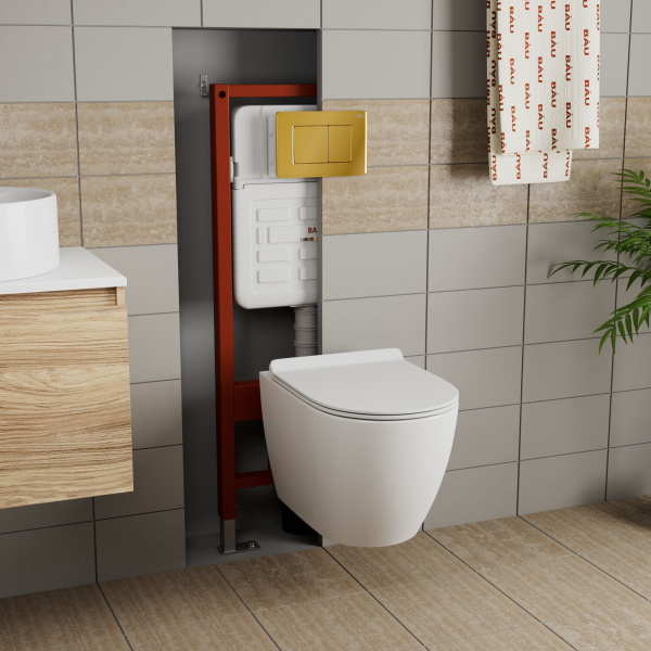 Комплект BAU 6 в 1: усиленная инсталляция BAU IDEAL, унитаз подвесной безободковый Bau Dream, сиденье дюропласт микролифт, клавиша BAU Light антивандальная, нерж. сталь золото