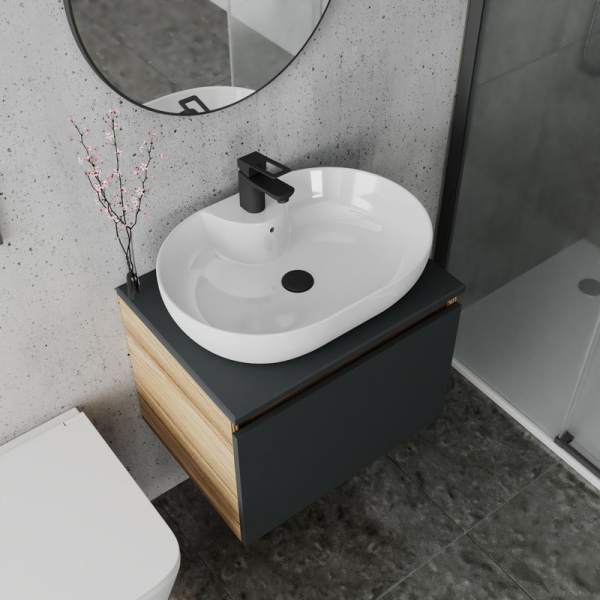 Комплект для ванной, 4 предмета (Тумба подвесная Blackwood 60 графит + Раковина BAU 60х42, с отв. под см-ль + Смеситель Cerama Black, выпуск черный)