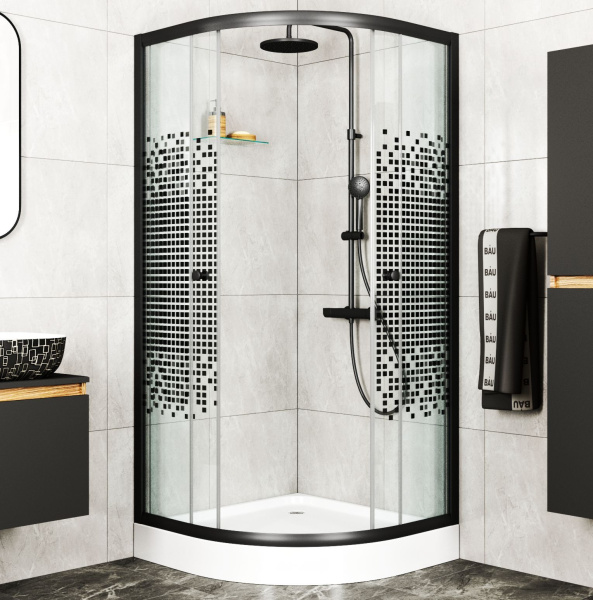 Душевой уголок BAU Dream с поддоном 90x90х195, прозрачное закаленное стекло с черной мозаикой 5 мм, черный матовый профиль