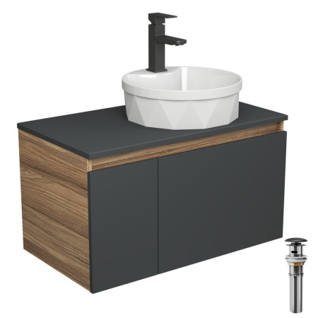 Комплект для ванной, 4 предмета (Тумба подвесная Bau Blackwood 80 графит + Раковина BAU D40, с отв. под см-ль + Смеситель Hotel Black, выпуск черный)