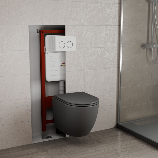 Комплект BAU 6 в 1: усиленная инсталляция BAU IDEAL, унитаз подвесной безободковый торнадо обратного потока Bau Dream Hurricane-2 темно-серый матовый, сиденье микролифт, клавиша BAU Round, белый/хром