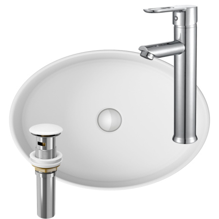 Раковина со смесителем и выпуском (Умывальник на столешницу BAU Nimb овальный 50х36, белый, смеситель для раковины высокий Diadonna Dream, латунь, выпуск клик клак, белый)