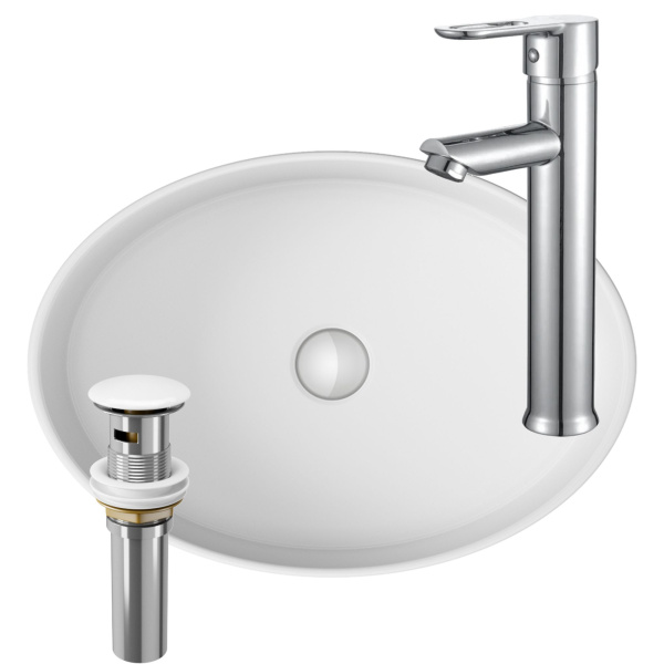 Раковина со смесителем и выпуском (Умывальник на столешницу BAU Nimb овальный 50х36, белый, смеситель для раковины высокий Diadonna Dream, латунь, выпуск клик клак, белый)