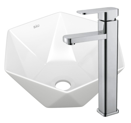 Раковина накладная со смесителем (на столешницу BAU Crystal 40х40, белая + смеситель Hotel Still, нержавеющая сталь)