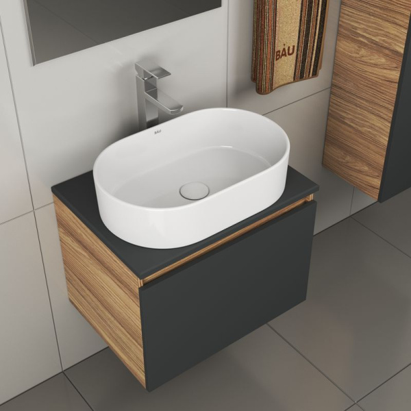 Комплект для ванной, 4 предмета (тумба Bau 60, графит + раковина BAU Nimb 56х36 + смеситель Hotel Still, выпуск клик-клак, белый)