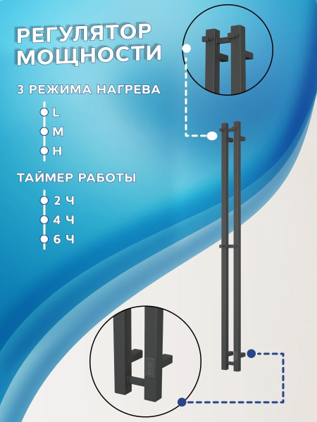 Полотенцесушитель дизайнерский электрический, профильный BAU Stella Square 8х160, 2 коллектора, 4 крючка (Чёрный матовый DB-0080)