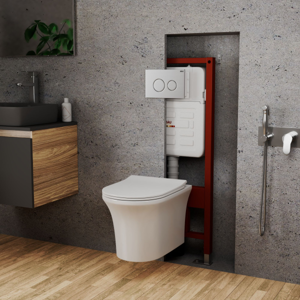 Комплект BAU 6 в 1: усиленная инсталляция BAU IDEAL, унитаз подвесной безободковый Bau Spectrum PRO, сиденье микролифт, клавиша BAU Wheel антивандальная, нерж. сталь брашированная