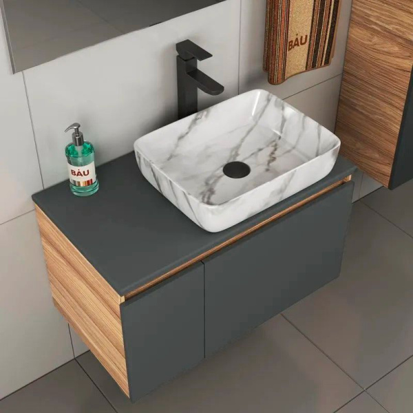 Комплект для ванной, 4 предмета (тумба Bau 80, графит + раковина BAU Hotel 48х37 + смеситель Hotel Black, выпуск клик-клак, черный)