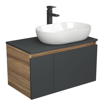 Комплект для ванной, 3 предмета (Тумба подвесная Bau Blackwood 80 графит + Раковина BAU 59х40, Смеситель высокий Hotel Black, черный)