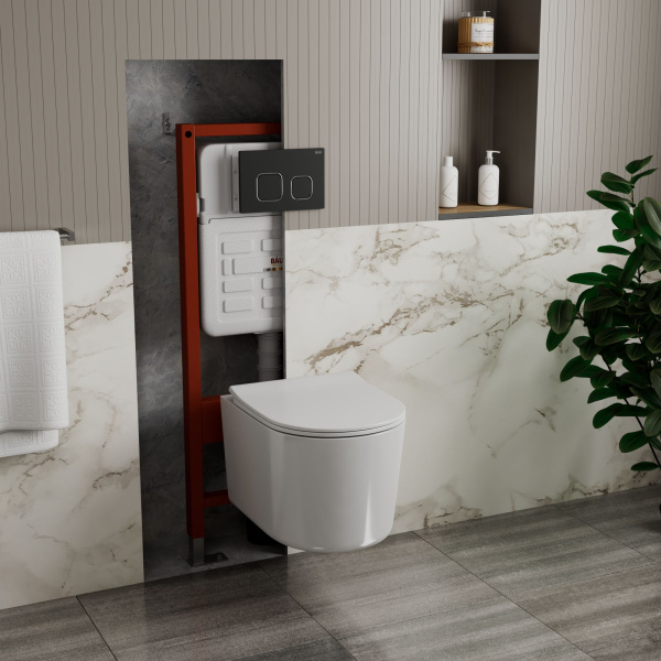 Комплект BAU 6 в 1: усиленная инсталляция BAU IDEAL, унитаз подвесной безободковый Bau Hotel PRO, сиденье микролифт, клавиша BAU Strike, черная матовая