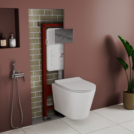 Комплект BAU 6 в 1: усиленная инсталляция BAU IDEAL, унитаз подвесной безободковый Bau Nimb, сиденье дюропласт микролифт, клавиша BAU Round, хром