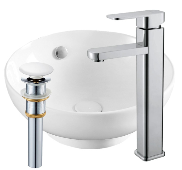 Раковина накладная со смесителем и выпуском (круглая BAU Dream D41, белая + смеситель Hotel Still, нер. сталь, выпуск клик-клак белый)