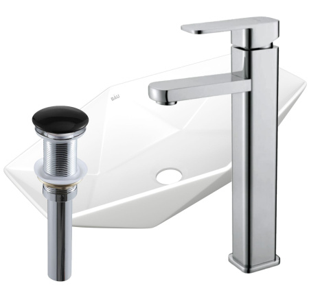 Раковина накладная со смесителем и выпуском (на столешницу BAU Crystal 64х40, белая + смеситель Hotel Still, нер. сталь, выпуск клик-клак черный)