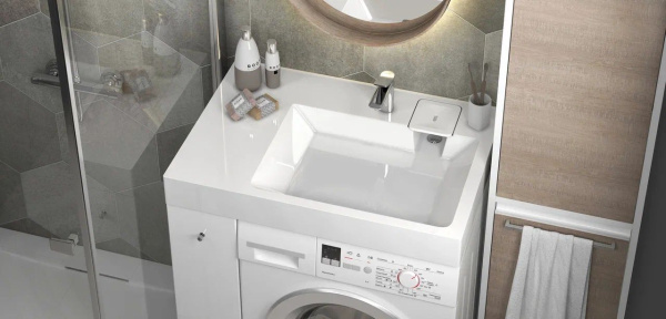 Раковина над стиральной машиной BAU Hotel Pro 80х55, литьевой мрамор в комплекте с кронштейнами и сифоном, белый глянец