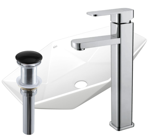 Раковина накладная со смесителем и выпуском (на столешницу BAU Crystal 64х40, белая + смеситель Hotel Still, нер. сталь, выпуск клик-клак черный)