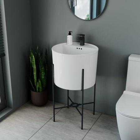 Раковина напольная с металлическими ножками (BAU Omega белая + смеситель Cerama Black, черный)