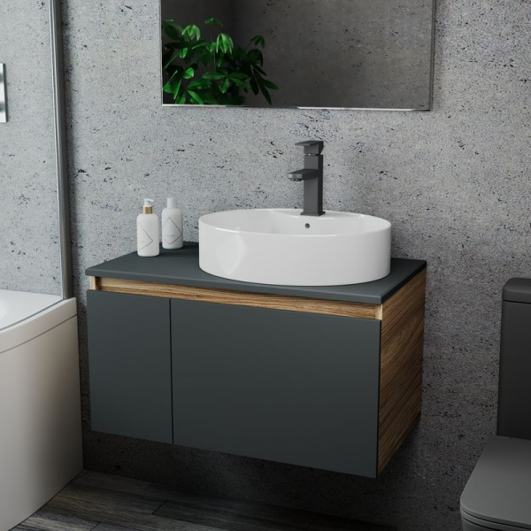 Комплект для ванной, 3 предмета (Тумба подвесная Bau Blackwood 80 графит + Раковина BAU 51х41, с отв. под см-ль, Смеситель Hotel Black, черный)