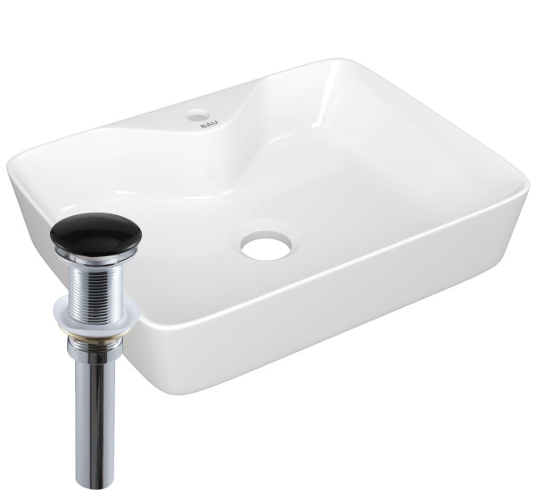 Раковина прямоугольная накладная BAU Cerama 48х37, с отверстием под смеситель, белая + выпуск клик-клак, черный