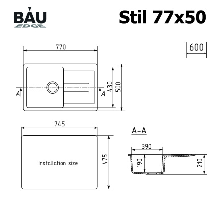 Мойка для кухни оборачиваемая с крылом BAU Stil Black coal 77х50, выпуск с сифоном в комплекте, черный уголь