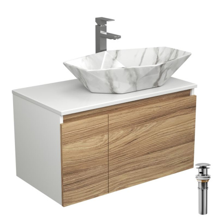 Комплект для ванной, 4 предмета (Тумба подвесная Bau Blackwood 80 + Раковина BAU 64х40, мрамор, Смеситель высокий Hotel Still, нерж. сталь, выпуск)