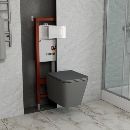 Комплект BAU 6 в 1: инсталляция BAU PRO, унитаз подвесной безободковый торнадо Bau Stil Hurricane-2, сиденье микролифт,темно-серый матовый, клавиша BAU Stil, белый глянец