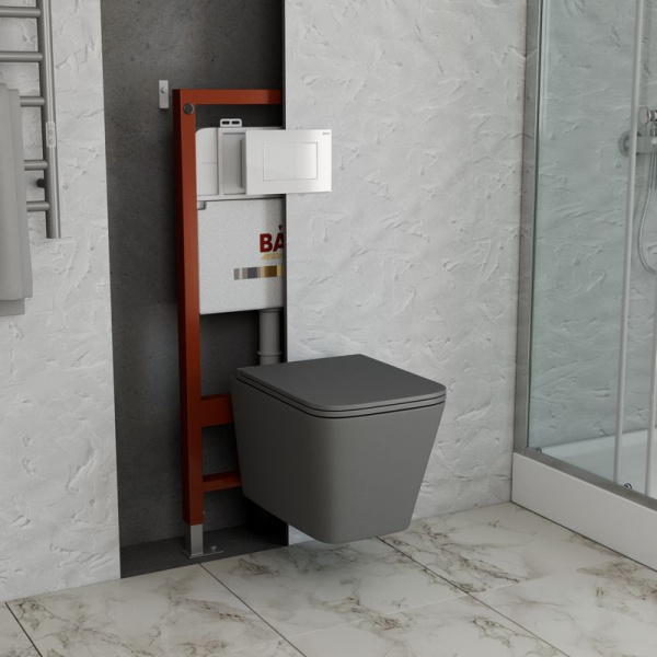 Комплект BAU 6 в 1: инсталляция BAU PRO, унитаз подвесной безободковый торнадо обратного потока Bau Stil Hurricane-2, сиденье микролифт, темно-серый матовый, клавиша BAU Stil, белый глянец