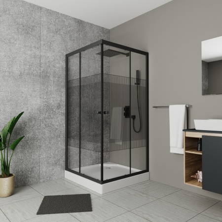 Душевой уголок квадратный BAU Stil pattern 90х90х195, с поддоном 12,5 см, закаленное стекло толщиной 5 мм, черные профили, с сифоном
