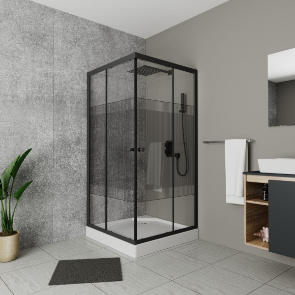 Душевой уголок квадратный BAU Stil pattern 90х90х195, с поддоном 12,5 см, закаленное стекло толщиной 5 мм, черные профили, с сифоном