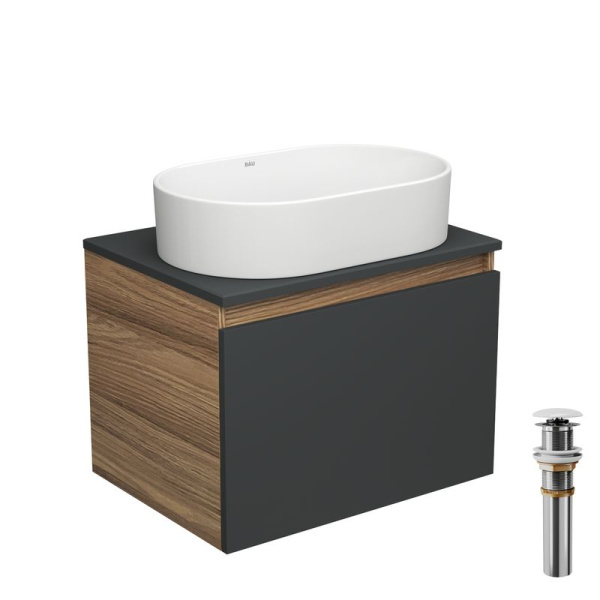 Тумба с раковиной и выпуском (тумба Bau Dream 60, графит + раковина санфаянс накладная овальная BAU Nimb 56х36, выпуск клик-клак, белый)