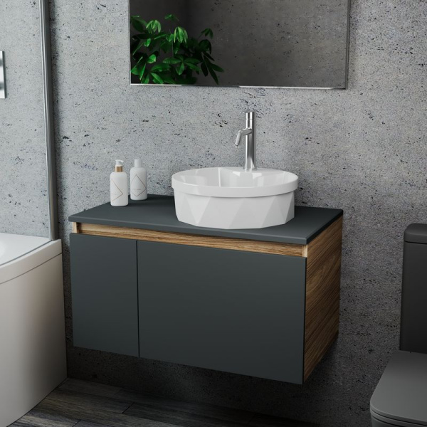 Комплект для ванной, 3 предмета (Тумба подвесная Bau Blackwood 80 графит + Раковина BAU D40, с отв. под см-ль, Смеситель Dream, нерж. сталь)