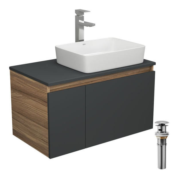 Комплект для ванной, 4 предмета (тумба Bau 80, графит + раковина BAU Hotel 48х37 + смеситель Hotel Still, выпуск клик-клак, хром)