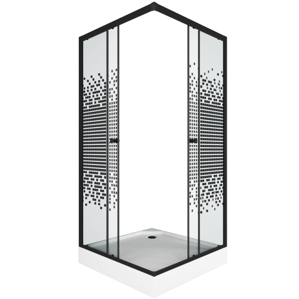 Душевой уголок BAU Stil квадратный с поддоном 90x90х195, прозрачное закаленное стекло с черным рисунком 5 мм, черный матовый профиль