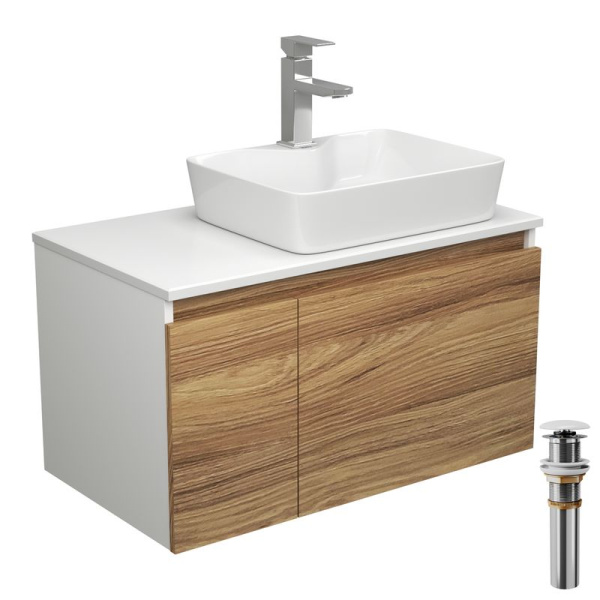 Комплект для ванной, 4 предмета (тумба Bau Dream 80 + раковина BAU 48х37, с отв. под смеситель + смеситель Hotel Still, выпуск клик-клак, белый)